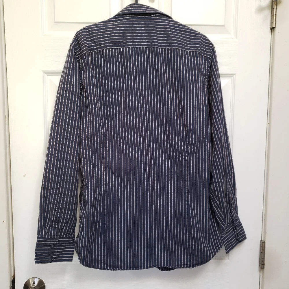 Banana Republic Navy Blue Striped Cotton Long Sleeve Dress Shirt